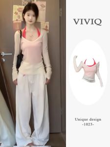 เสื้อยืดแขนยาวทรงสลิมฟิตสำหรับผู้หญิงในช่วงฤดูร้อน เสื้อคลุมกันแดดบางเซ็กซี่หวานและเผ็ดร้อน แขนยาว คอกลม ชุดสองชิ้น