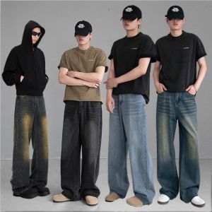 【New】Baggy jeans for men baggy denim pants for men baggy pants men straight cut pants for men Deep Blue Retro jeans Men Straight Cut Wide Leg Loose Jeans Plus Size