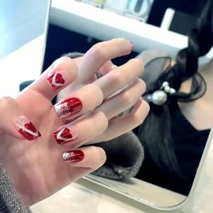 Set 24 móng tay giả Tết màu đỏ dài đính đá - DY 291 - sang trọng dễ thương cho nữ  - Kèm keo dán móng CÓ ẢNH SP THẬT