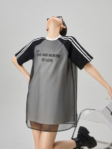 Sporty Grey Mesh Splice Dress Womens Unique Style Commute Fashion Short Sleeve round Neck A-Line Skirt Polyester Blend