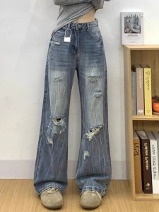 Quần Jeans Denim Ống Rộng Cạp Cao Cho Nữ Quần Dài Dài Đến Sàn Phong Cách Đường Phố Quần Jeans Ống Rộng Cổ Điển Có Lỗ