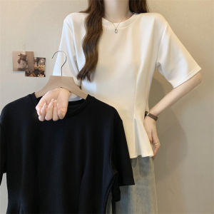 Plus Size Womens Waist round Neck Ruffled Short Sleeves T-shirt Female Summer Fat Sister Elegant Slim Looking Tops Tummy Hiding Fat Hiding