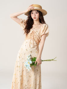SHANGWEILUO | Butterfly Print Apricot Summer Dress Long