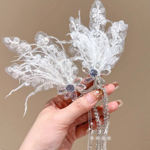 Elegant Feather Hair Clip for Girls Butterfly Tassel Diamond Edge Princess Style Childrens Accessories Headwear for Little Girls