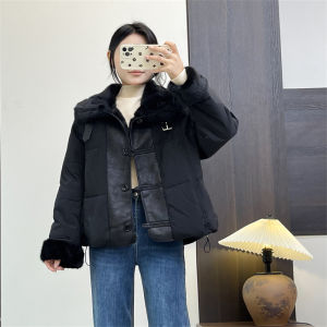 เสื้อแจ็คเก็ตขนเป็ดสั้นทรงหลวมสำหรับผู้หญิงในฤดูใบไม้ร่วง/ฤดูหนาว ผ้าขนสัตว์ผสมขนสัตว์ ปกขนสัตว์ แขนยาว ปกติ