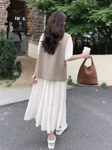 Elegant Chiffon Vest Dress Set Womens plus Size Cover Belly Two-Piece Suite Slimming A-Line Long Skirt Korean Style Commute
