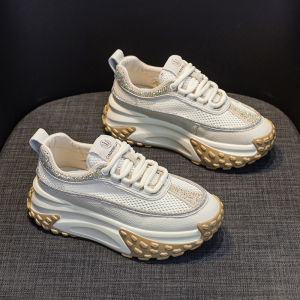 LANKAMO | Womens Summer 2025 Dad Shoes Thick Bottom Breathable Mesh Lightweight Soft Sole Casual White Sports Shoes Korean Style Cross Buckle