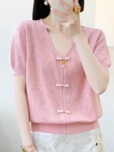 Áo Len Dệt Kim Tay Ngắn Cổ Chữ V Ren Thêu Phong Cách Trung Hoa Mới Mùa Hè Áo Sơ Mi Nữ Tay Lửng Cổ Chữ V Ren Thêu