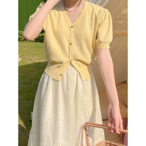 HUOLISI | Elegant French-style Retro Short Sleeve V-neck Puff Sleeves Crop Top