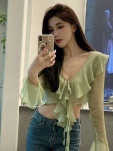 Elegant V-neck Long Sleeve Chiffon Top Summer 2025 New Design Sensation Bell Sleeve Belly Button Exposure Shirt Korean Style
