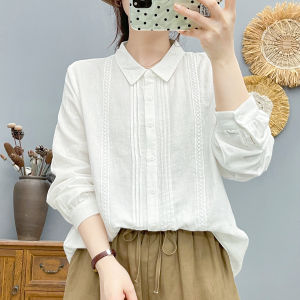 French Artistic Style Long Sleeve Womens Shirt Lace Trim Soft Skin-friendly Breathable Double Layer Cotton Gauze Top