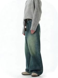 Mens Wear Blue Wide-Leg Denim Pants Baggy Jeans Vintage Three-Dimensional Cut Curved Knife Jeans Loose Fit Summer New Trend