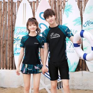 🇲🇾STOCK KL Plus Size (2PCS) Couple Swimsuit Women Men Short Sleeve Swimming Swimwear Beachwear Baju Renang Lelaki情侣男女短袖短裤泳衣套装