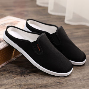 New 2025 Mens Beijing Cloth Shoes Anti-Slip Deodorant Half Slippers Wear-Resistant Breathable Slip-On Rubber Sole Cotton Upper