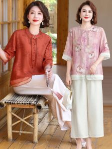 Mothers T-shirt 2024 New Arrival Suit Fashionable Short Sleeve Shirt Middle-Aged and Elderly Womens Summer New Chinese National Style Tops