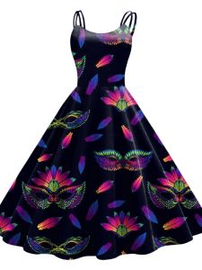 Womens Slim Fit Swing Suspender Dress Large Skirt High Waist Sleeveless Summer Long Dress round Neck Print Street Style