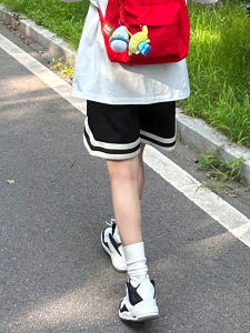 กางเกงขาสั้นกีฬาเอวสูงหลวมๆ สำหรับผู้หญิงในช่วงฤดูร้อน กางเกงขายาวลำลองสไตล์อเมริกัน 5 จุด ผ้าฝ้ายผสมโพลีเอสเตอร์