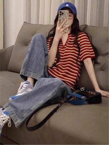 SHUQINGLAI | Áo Thun T-Shirt Polo Cổ Tim Sọc Đỏ Tay Ngắn Chất Liệu Lụa Băng