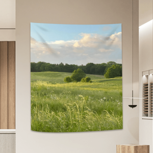VIKAMA Fresh Countryside Tapestry Green Field White Flowers Living Room Bedroom Bed and Breakfast Decoration Natural Art Wall