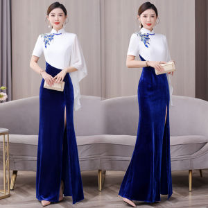 ชุดยาวผ้ากำมะหยี่ไหมระดับไฮเอนด์ 2025 สำหรับการแสดงบนเวที ชุดราตรียาว ฤดูหนาว ชุดยาวปานกลาง ชุดทำงานสไตล์ย้อนยุค