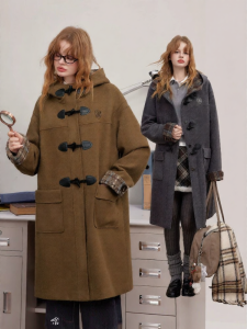Unifree | Hooded Vintage Plaid Patchwork Toggle Button Preppy Wool Coat