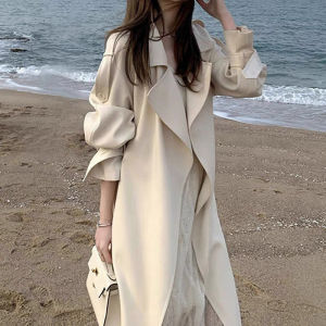 Beige Womens Spring Autumn 2024 New Korean Style Chic Small Size Mid-Length Coat Korean Version Straight Tube Polyester Fiber