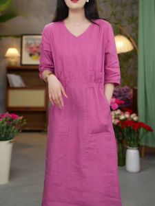 Rustic Ruffled High-waisted Medium-sleeve V-neck Loose Casual Slender Cotton-linen Dress