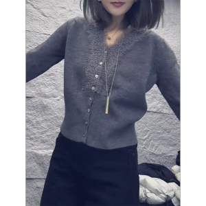 QINGNAER | Lace Trim V-Neck Knit Cardigan Big Size Gray