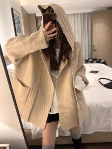 Korean Style Thickened Hooded Knitted Cardigan Womens Autumn Winter New Style Pocket Design Sweater Coat Medium Length