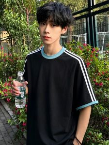 OUMULONG | Narrow Collar Raglan Contrast Stripe T-shirt