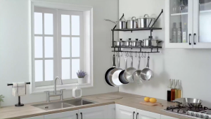 2-Tier Kitchen Pot Rack Mounted Hanging Rack Kitchen Storage Rack Organizer Shelf for Pots and Pans Organizer with 12 Hooks