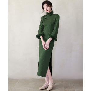 Áo Qipao Lông Mịn Xanh Dày Cho Mùa Đông