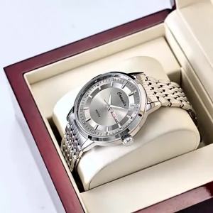 Đồng Hồ Nam Mạ Bạc Máy Quartz Không Cơ Dây Thép Chống Nước Thiết Kế镂空 Dạ Quang Chức Năng Lịch Kép