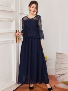 New Womens Long Lace Dress Shangpin Chiffon Evening Party Dress Splice Style Korean Version round Neck A-Line Skirt