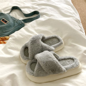 Warm and Easy to Wear ~ Minimalist One-Word Cotton Slippers Female Ins Winter Thick Sole Increased by Fleece-lined Heattech Outdoor Fur Slippers