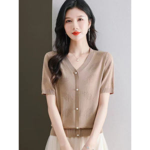 Áo Thun Tay Ngắn Ice Silk Tencel Dành Cho Nữ Áo Thun Tay Lửng Thời Trang Mùa Hè 2025 Áo Thun Cổ Chữ V Màu Trơn Thường Ngày