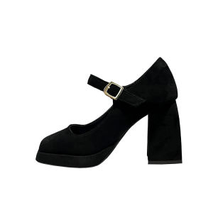 Khaki Waterproof Platform High Heels Womens Fashionable Retro Buckle Strap Thick Heel Velvet Surface Single Shoes for Daily Use