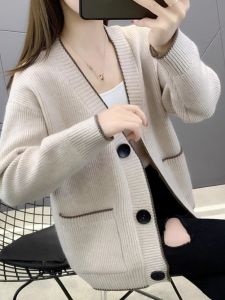 ฤดูใบไม้ผลิ ฤดูใบไม้ร่วง แคชเมียร์สีบริสุทธิ์สั้นเปิด คาร์ดิเกน ผู้หญิงคอวีถักด้านนอก หลวม แขนยาว หลากหลาย สไตล์เกาหลี