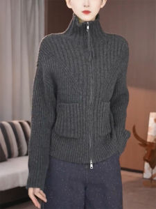 QINGNAER | Áo Cardigan Knit Vintage Cozy Oversized Màu Xám Đậm