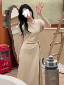 French Style Temperament round Neck Waist Trimming Shoelace Short Sleeve Dress Summer New Arrival Commuters All-Matching Slimming Slit Long Dress for Women