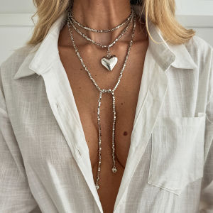 KunJoe Fashion Gold Color Love Heart Pendant Necklace Women Vintage Beaded Chain Long Necklace Sweater Chain Jewelry Accessories