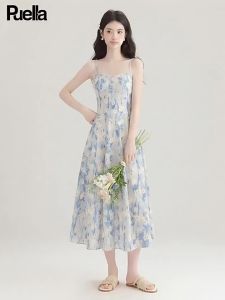 puella | Đầm Dây Họa Tiết Hoa Xanh Phong Cách Pháp Cho Kỳ Nghỉ Biển