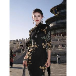 Elegant Black Slit Cheongsam Dress Formal Occasion High Quality Refinement New Chinese Style National Trend Long A-Line Skirt
