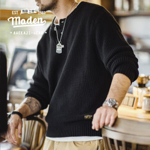 MADEN brand Men Youth 2025 Autumn New Gentleman American Vintage Knitted Henley Shirt Amikaki Vertical Stripe Pullover Sweater