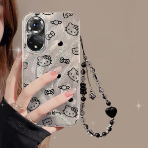 เคสโทรศัพท์ซิลิโคนน่ารักแบบมีโซ่สำหรับ Honor 50 pro ป้องกันการตกหล่น ดีไซน์การ์ตูนสีดำหวานๆ ดีไซน์เรียบง่าย ดีไซน์สุดเก๋