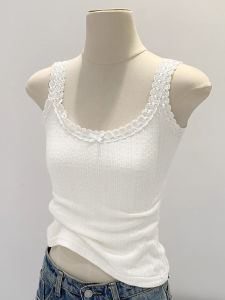 Áo Vest Ren Viền Thắt Nút Bướm Cho Nữ Mùa Hè Cổ Chữ U Ôm Vừa Vặn Áo Lót Bên Trong Chất Liệu Ren Ngọt Ngào