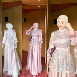 Felarie Set Dress + Vest Brukat Tile Gamis Wanita Terbaru 2024 Viral Dress Kondangan Elegan Hijab