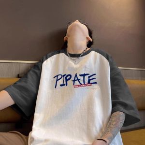 American Casual Contrast Color Letter Print Personalized Patchwork Pure Cotton Short Sleeve Mens T-shirt Summer Loose Slimming Top