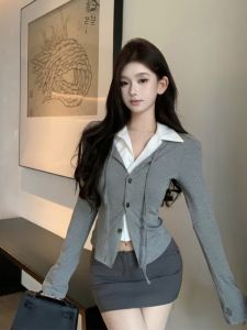 GUZILIAN | Classic Polo Collar Waist-Cinching Shirt Womens Long Sleeve Autumn Fashionable American Style Fake Two-Piece Trendy Top