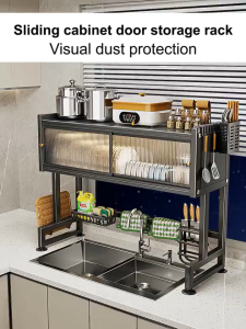 BMZAR Dish Rack Cabinet With Sliding Door Rust proof Dustproof Sink Rack Multi functional Kitchen Organizer